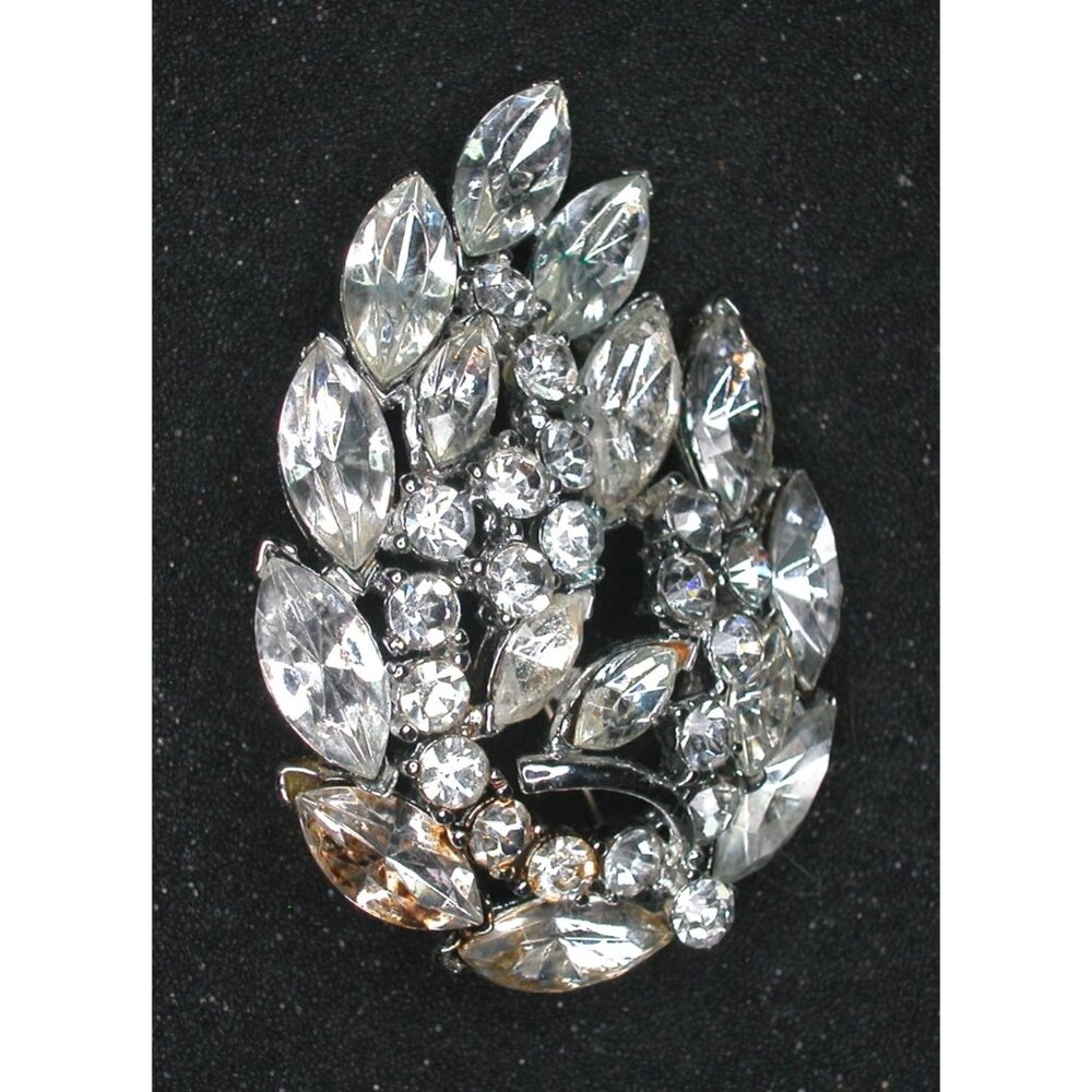 WEISS Rhinestone Leaf Brooch Pin Silver Tone Crystal Jewelry